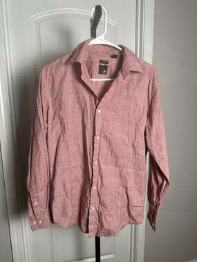 J.Ferrar Men's Slim Fit Red White Mini Check Long Sleeve Button Up Shirt#154